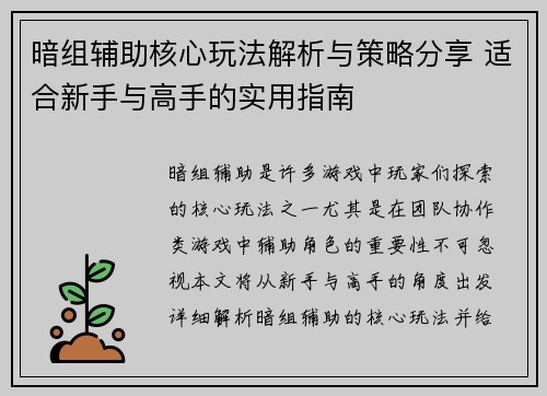 暗组辅助核心玩法解析与策略分享 适合新手与高手的实用指南